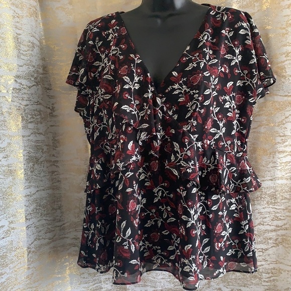 Michael Kors Black/Red And White Floral Print Layered Blouse Size L - Picture 2 of 10